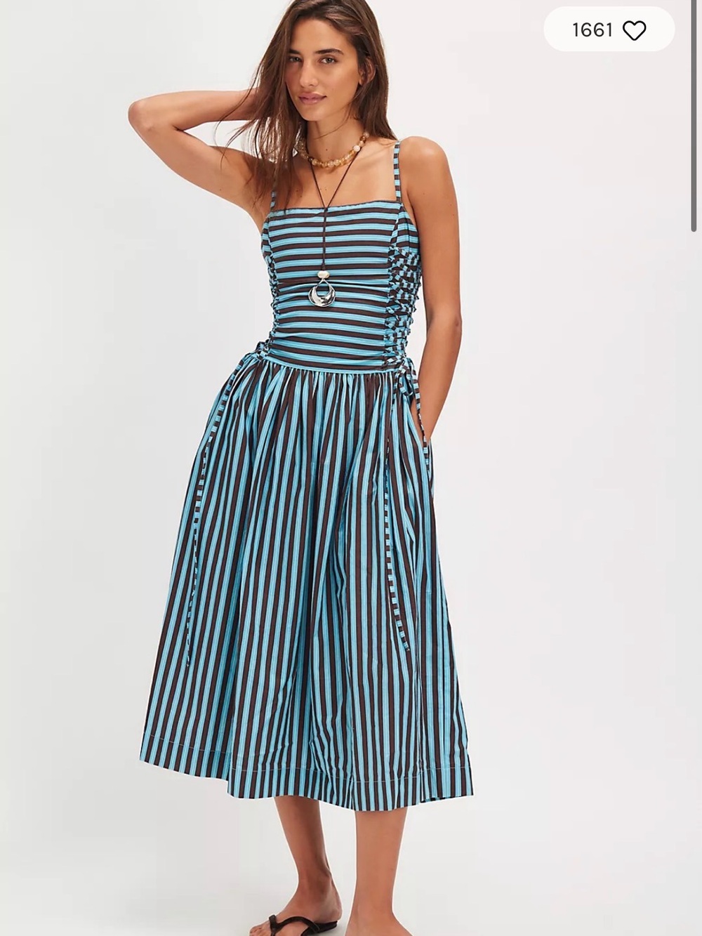 Damson Madder Angelina Striped Blue and Brown Midi Dress with Spaghetti Straps
